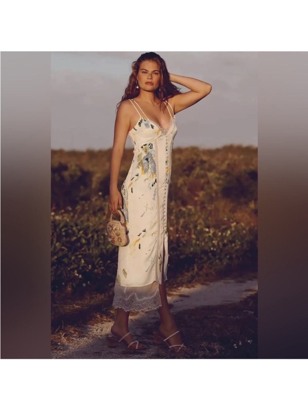 Anthropologie Ivory Floral Slip Midi Dress